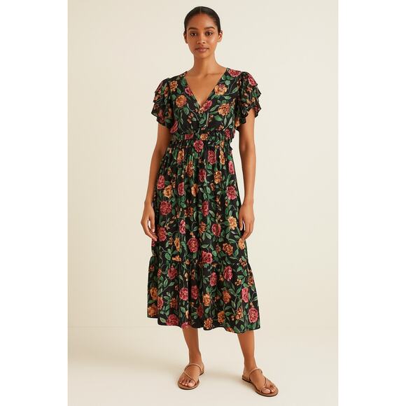 ee:some Women’s Midi Black Floral Satin Like Short Sleeve Dress size Medium - Picture 1 of 6